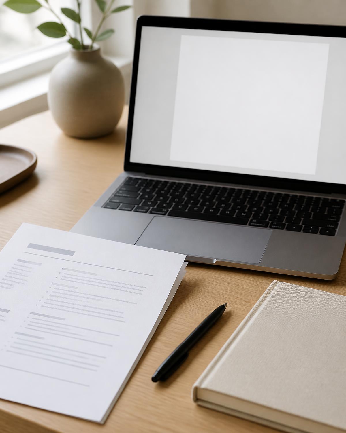 Dettaglio di una scrivania con laptop, curriculum e taccuino